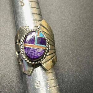 Artisan Native Turquoise, Lapis, charoite Sterling Silver Ring Sz 9 adjustable